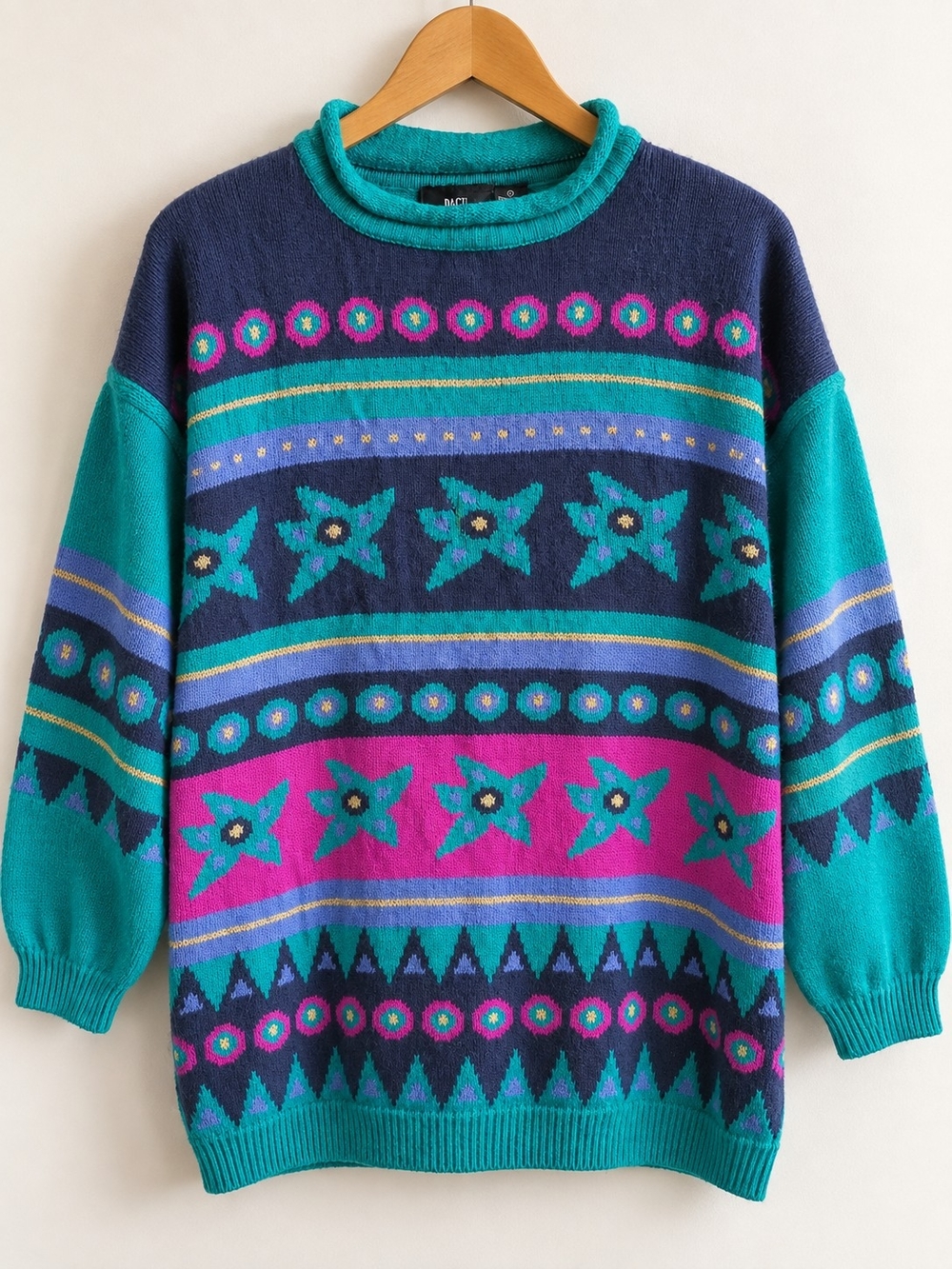 Vintage 90s PASTA Sweater L Teal Navy Pink Geometric Floral Metallic Gold